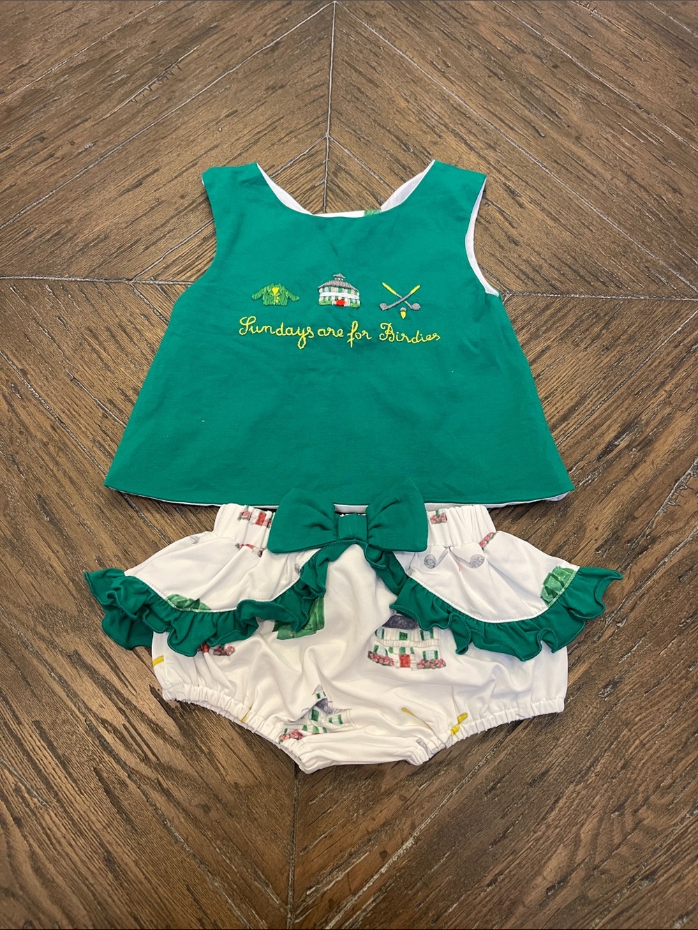 Sew Magnolia Green Embroidered White Ruffle Golf Bloomer Set